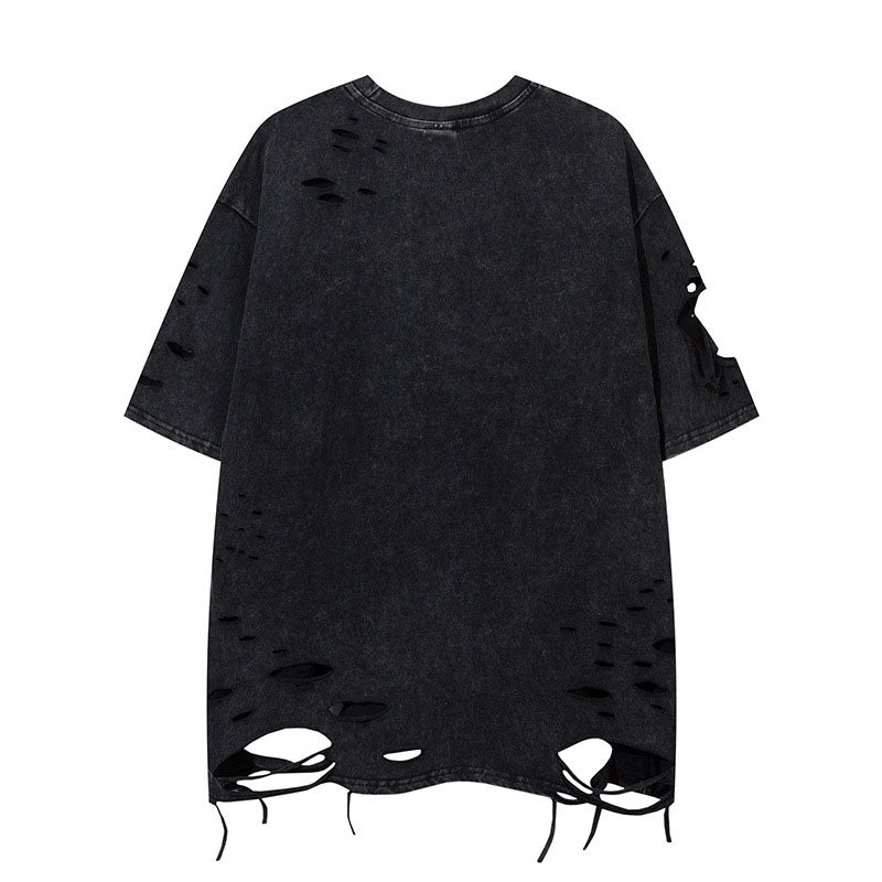 Summer new style retro distressed hole necklace T-shirt loose lazy short-sleeved men's T-shirt