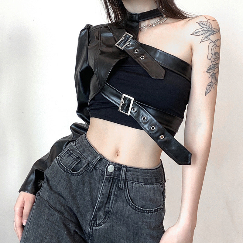 Women Punk Style Crop Tops, Cool Single Long Sleeve Neck Hanger Leather Belt