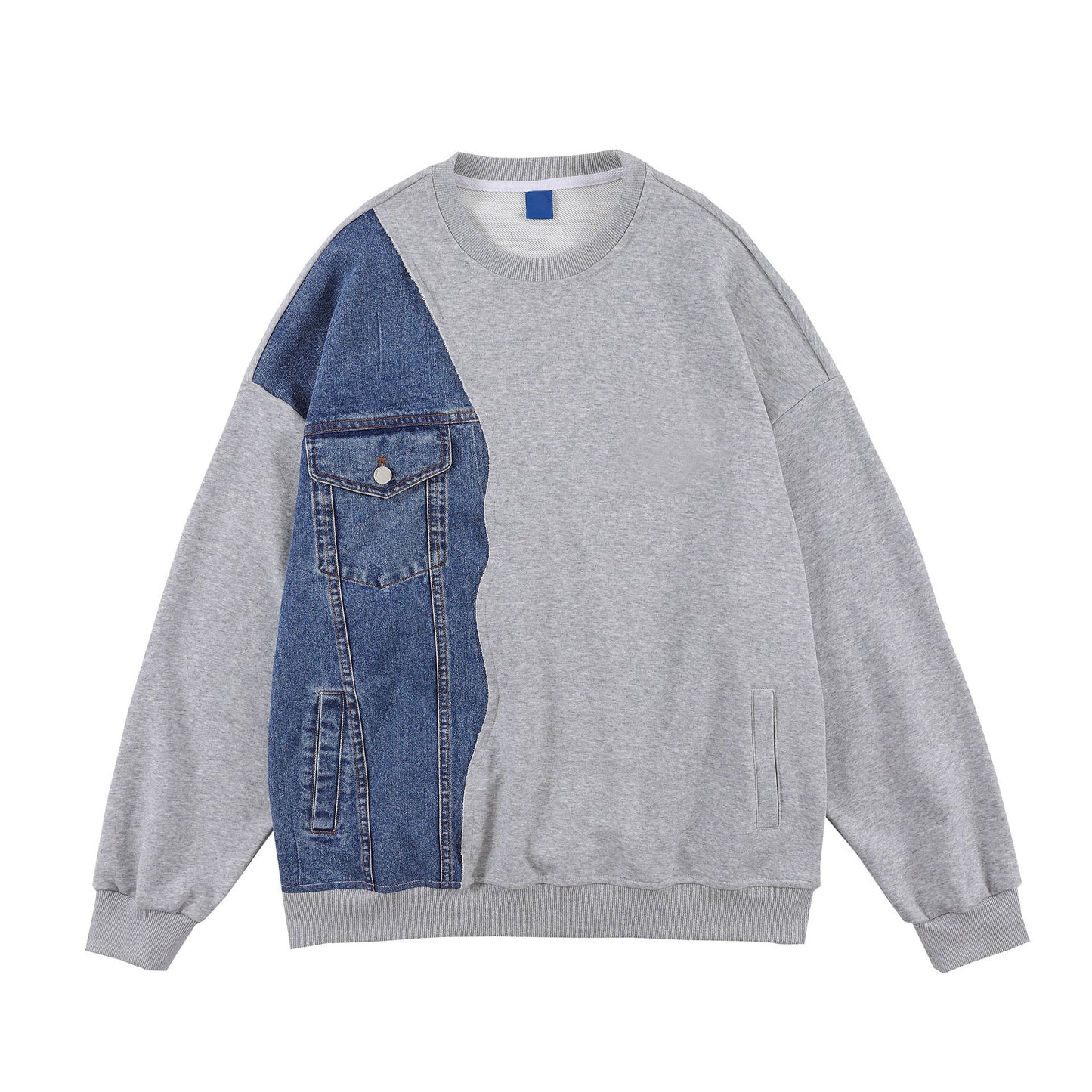 Fashion men's sweatshirt spring and autumn denim stitching loose men's and women's tops round neck long sleeves