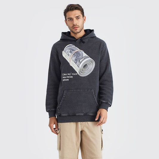 US dollar print heavy distressed hooded sweatshirt retro washed hoodie for men