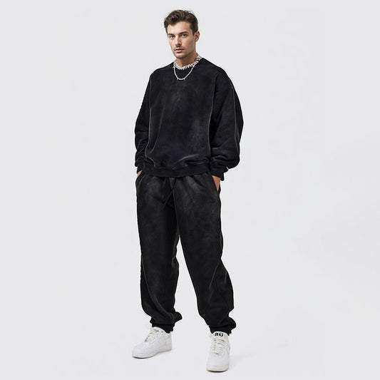 Autumn national trend washed heavyweight round neck sweatshirt men's velvet thickened couple sweatshirt