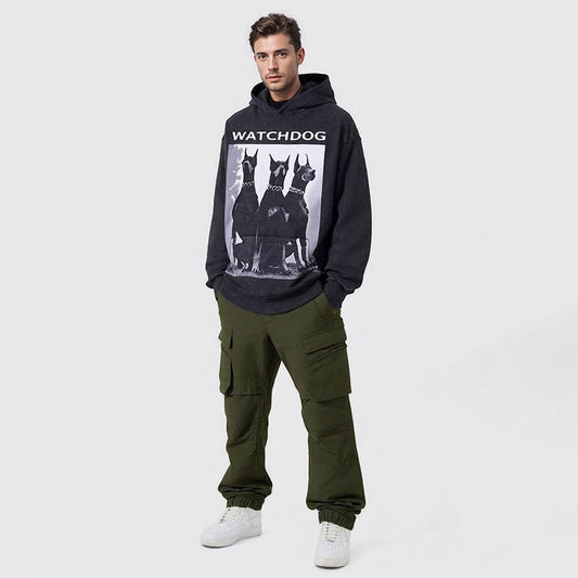 High Street Trendy Brand Hooded Sweatshirt Doberman Printed Hoodie Heavy Cotton Distressed Loose Couple Sweatshirt Men
