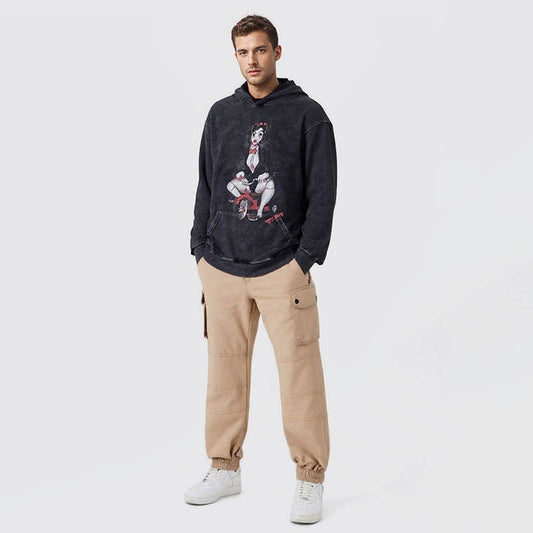 High street retro washed distressed pullover hoodie casual dark print loose hooded sweatshirt for men