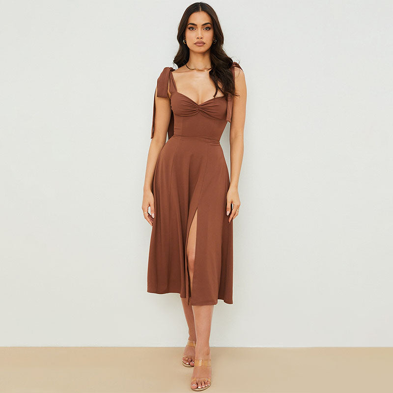 Tie Strap Fit & Flare High Slit Slip Midi Dress