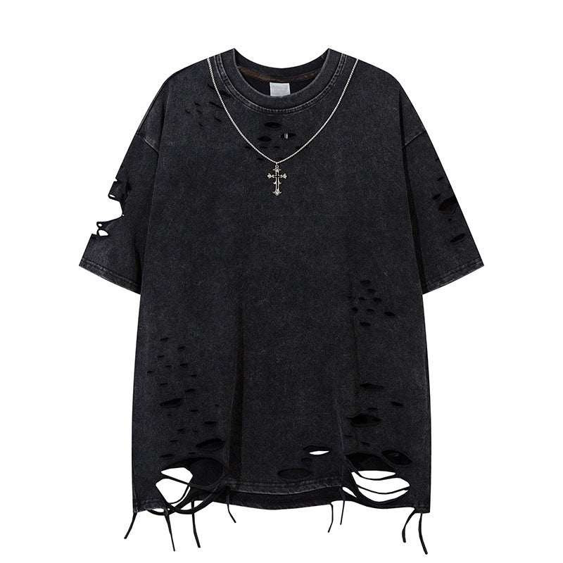 Summer new style retro distressed hole necklace T-shirt loose lazy short-sleeved men's T-shirt