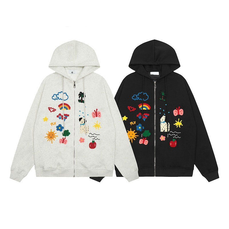 Men's autumn new cute style cartoon fun embroidered cardigan hoodie sweatshirt for men and women