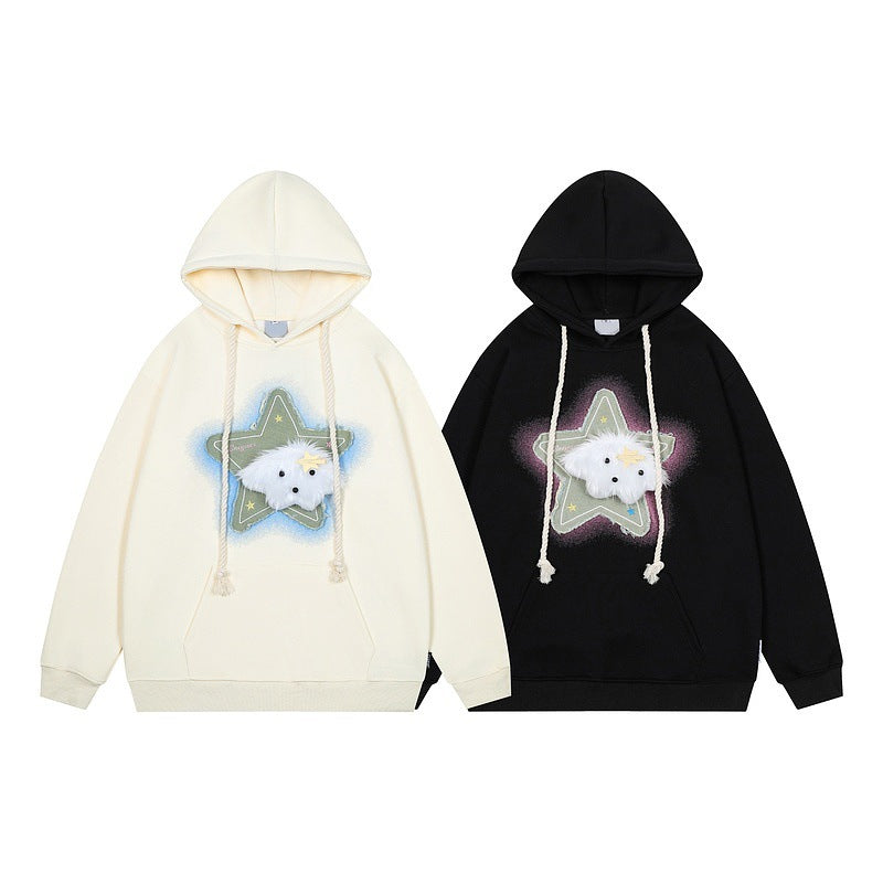 Three-dimensional patch embroidery removable plush puppy design hooded sweatshirt for men and women loose hoodie for couples