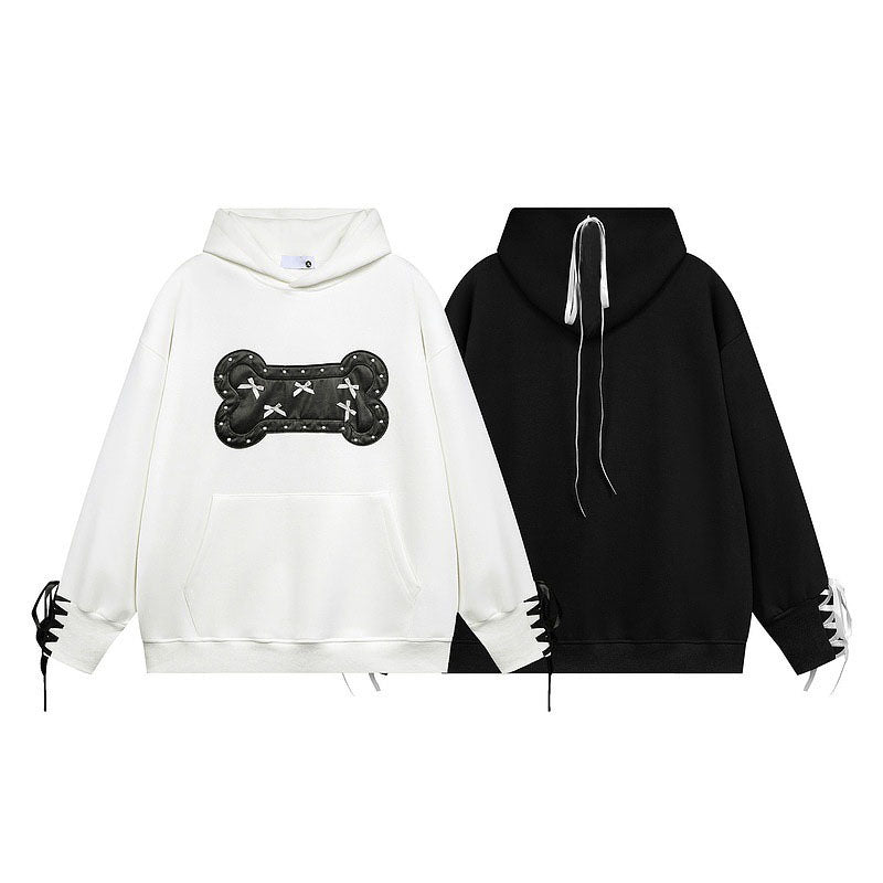 Bow bone patch PU embroidered hooded sweatshirt for men and women casual college style couple jackets for teenagers