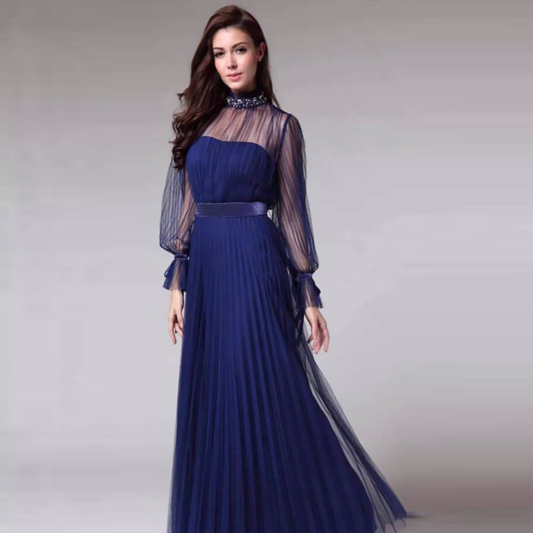 Fashion Dress Blue Temperament Evening Dress Slim Dinner Dress Long Net Yarn Women's Sexy Fashion Street Dress