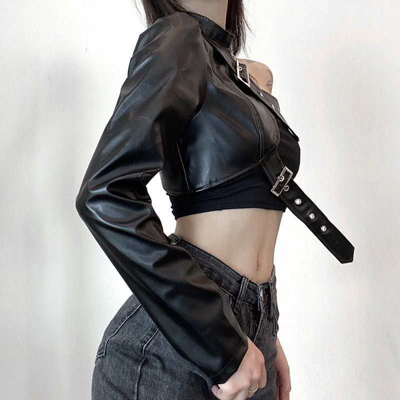 Women Punk Style Crop Tops, Cool Single Long Sleeve Neck Hanger Leather Belt