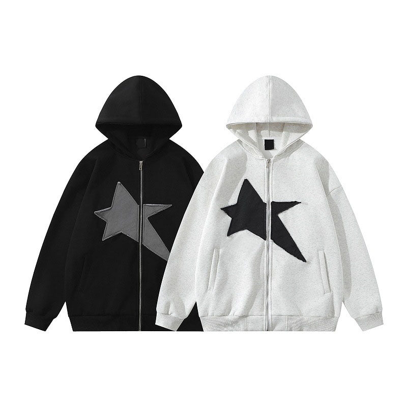 Star pattern patch decorated zipper sweatshirt for men and women in spring and autumn loose couple sports coat