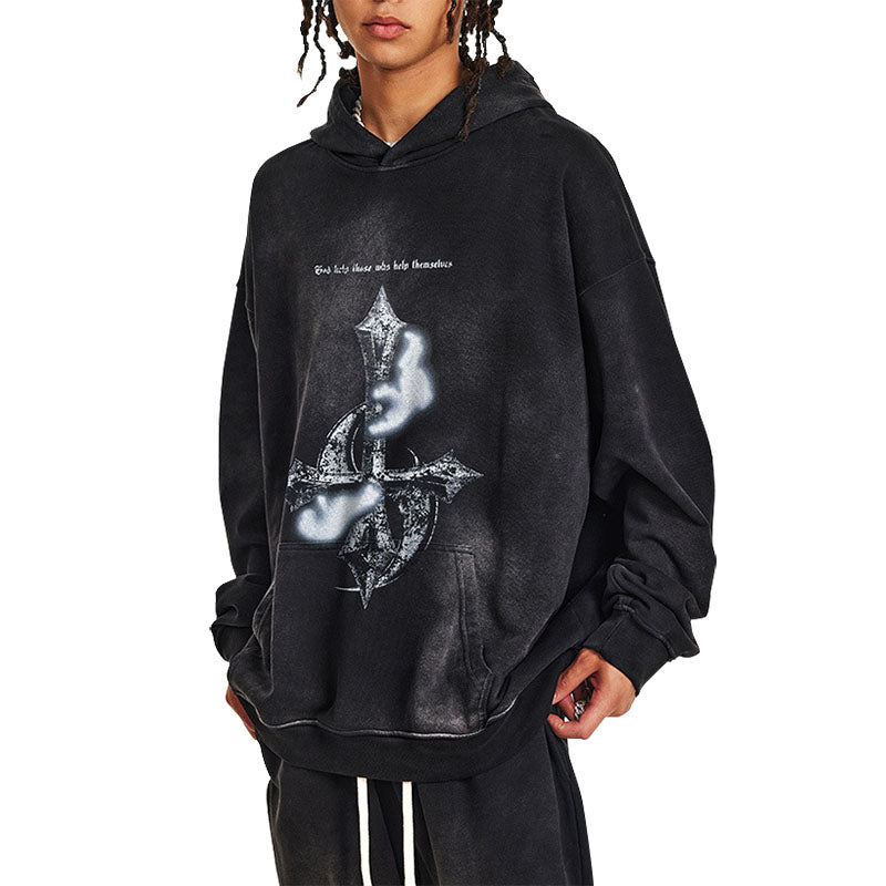 Men's Autumn Washed Heavy Metal Print Hooded Sweatshirt for Men