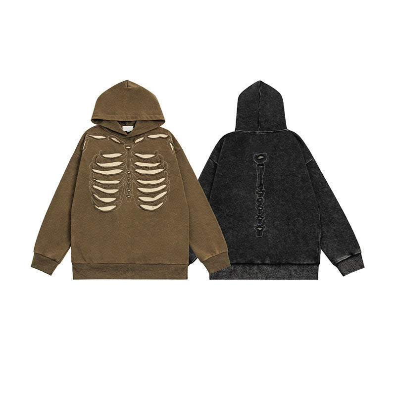 Men's Skull Hole Design Hip-Hop Hooded Sweatshirt Men's Acid Wash Couple Jacket Hooded Men's Clothing