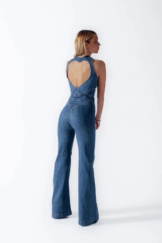 Womens Sexy Slim Fit High Waist Denim Jumpsuit Sleeveless Zipper Backless Wide Leg Rompers