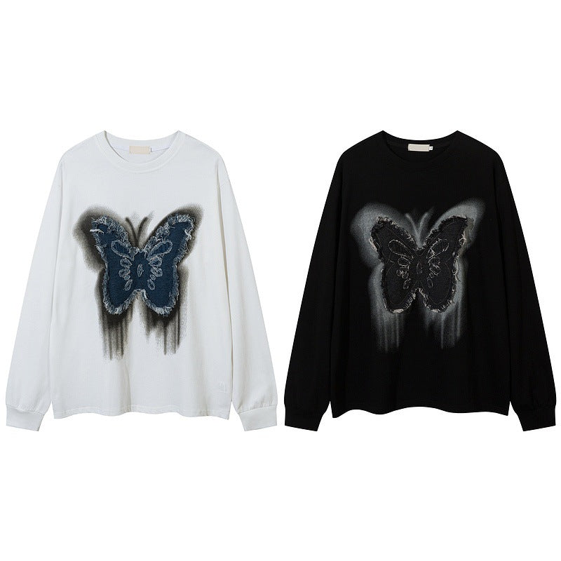 Butterfly patch tassel design long-sleeved T-shirt for men and women loose couple casual autumn bottoming shirt