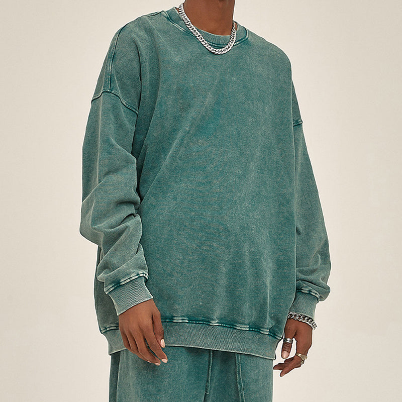 Heavy 420g round neck washed distressed sweatshirt