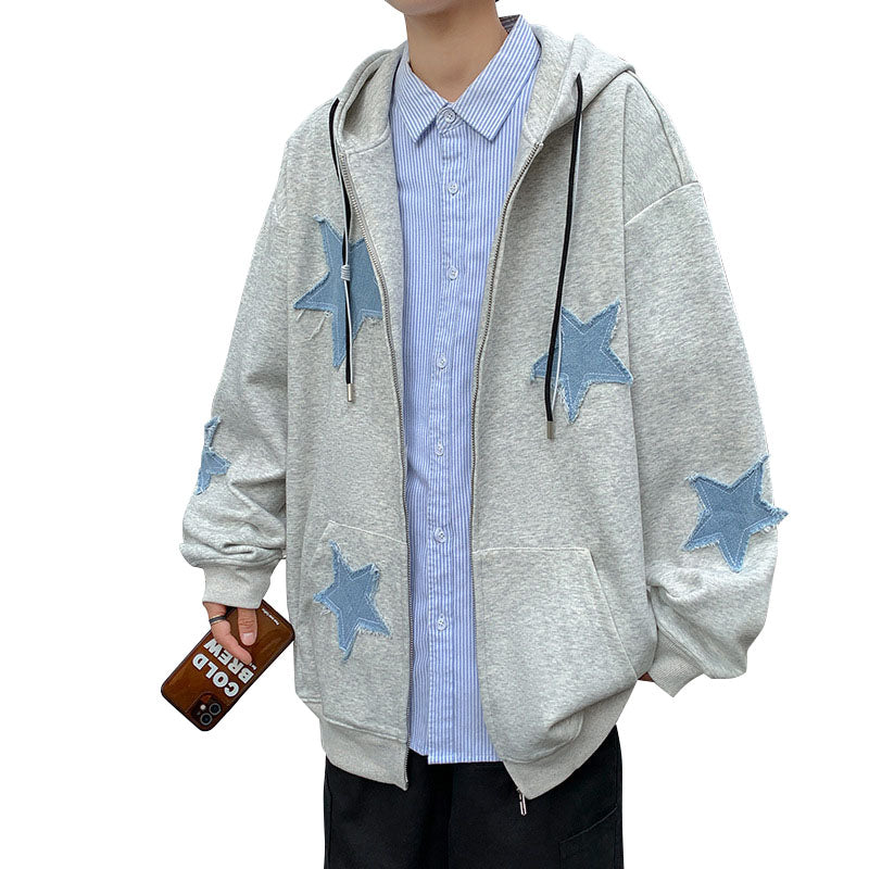 Men's cardigan sweatshirt with embroidered stars autumn and winter trend loose plus velvet thick hooded jacket