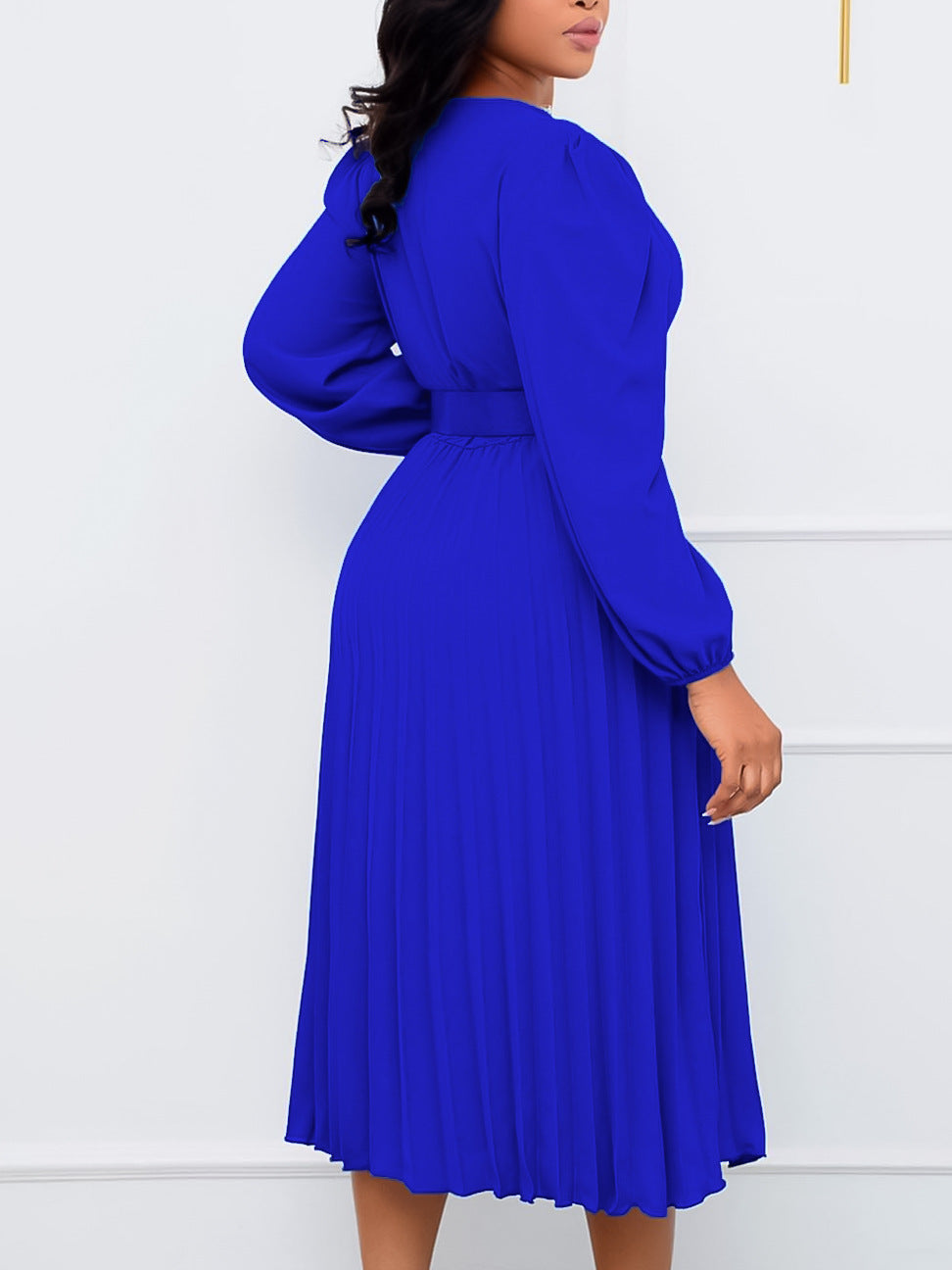 Women Casual Long Sleeve Belt Chiffon Dress Office Elegant Commuter Solid Party Dress Fashion Deep V-neck Wrap Long Dresses