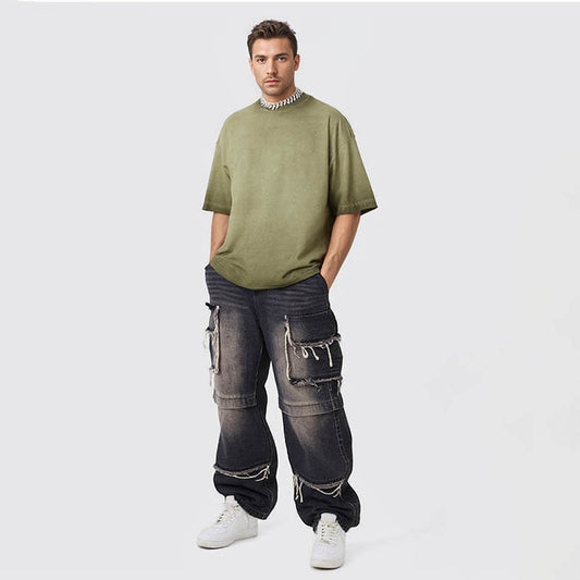 Summer loose men's t-shirt washed distressed short-sleeved t-shirt for men