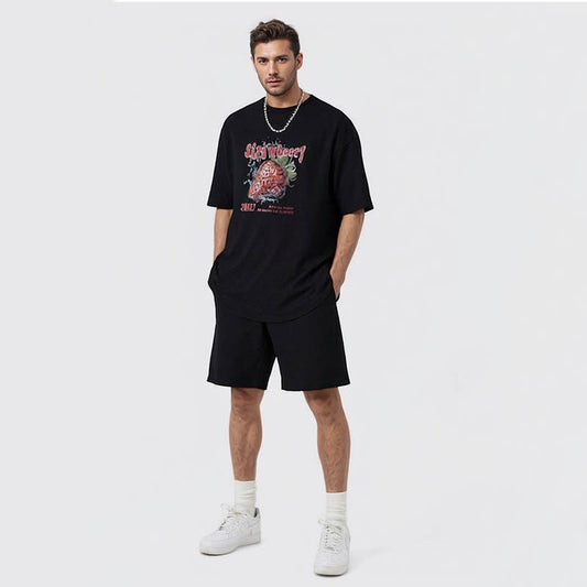 Summer Strawberry Print Solid Color T-Shirt Large Men's Top