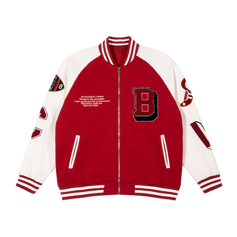 Men's new trendy brand baseball uniform men's jacket fashionable embroidered contrasting color stitching fleece jacket