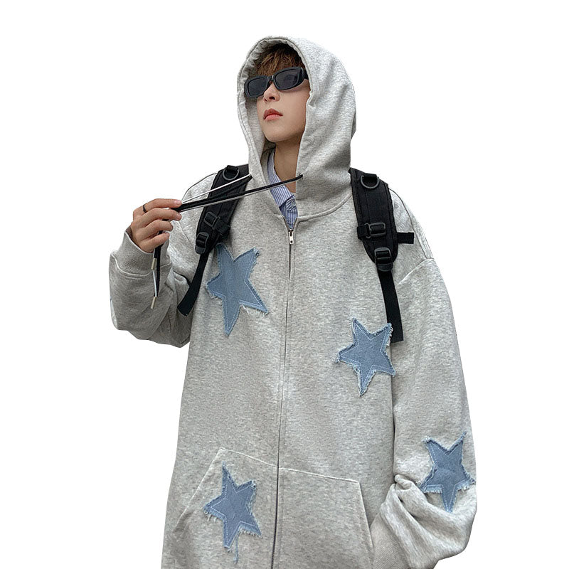 Men's cardigan sweatshirt with embroidered stars autumn and winter trend loose plus velvet thick hooded jacket