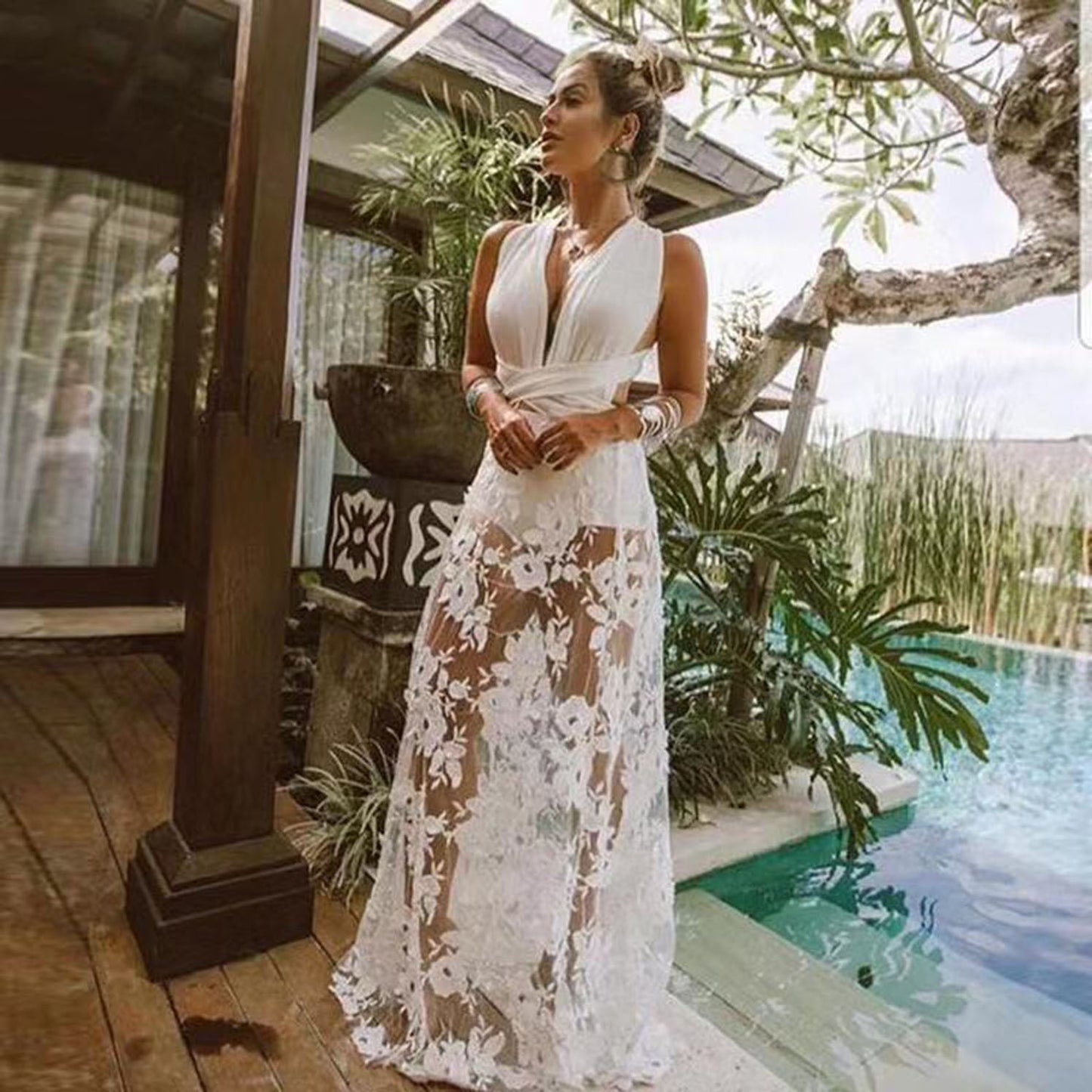 Summer Clothes for Women New Arrival See Through Beach Dress White Lace Sexy Robe Longue Femme Mesh Backless Floral Dress