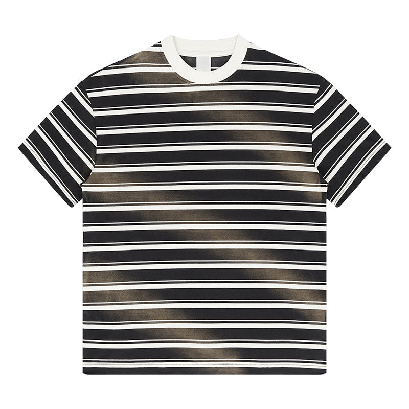 Men's spring/summer wash gradient striped color contrast round neck short-sleeved street couple T-shirt