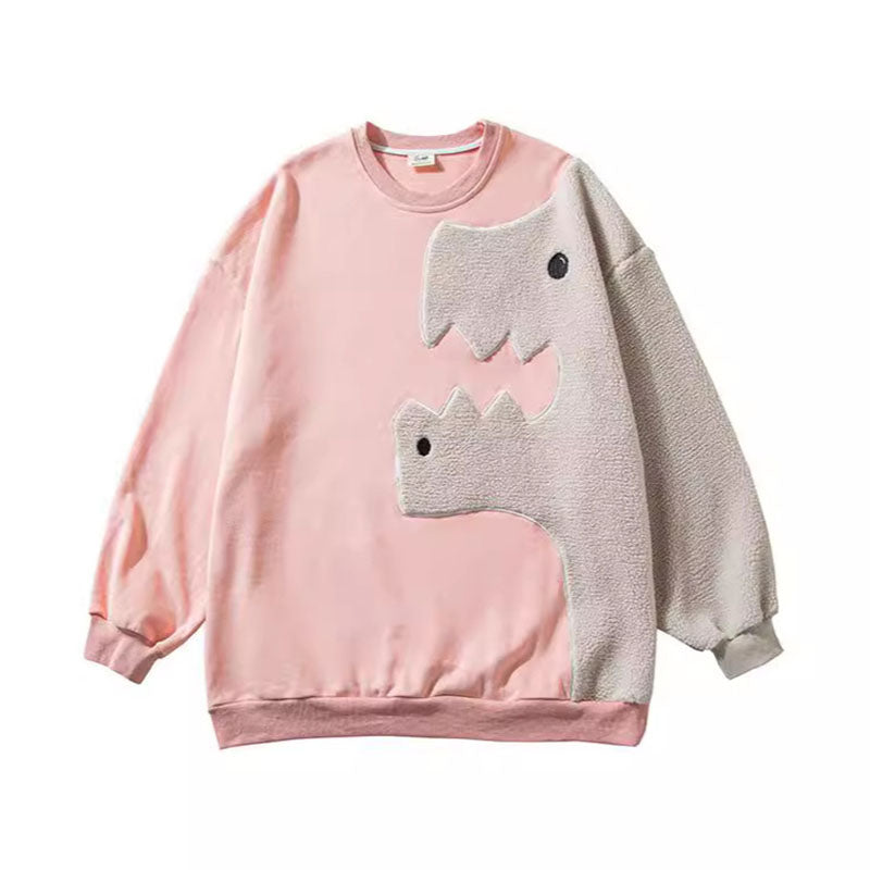 Dinosaur Embroidered Sweatshirt Oversized Cartoon Crew Neck Sweatshirt Pullover Streetwear