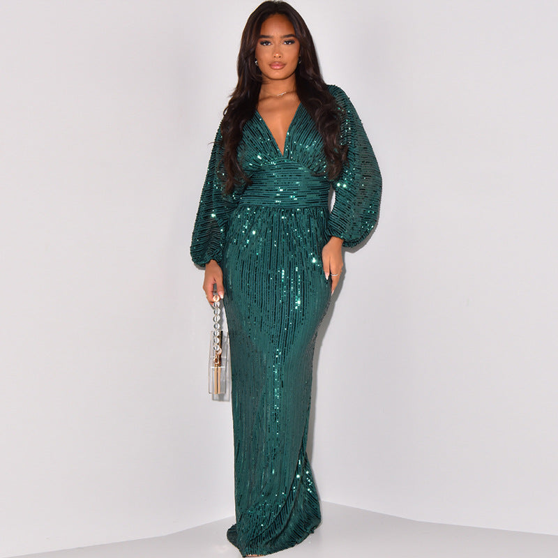 Women's dress sequined long-sleeved V-neck sexy sequined long dress