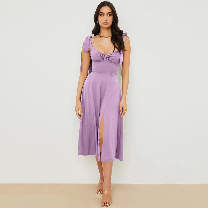 Tie Strap Fit & Flare High Slit Slip Midi Dress