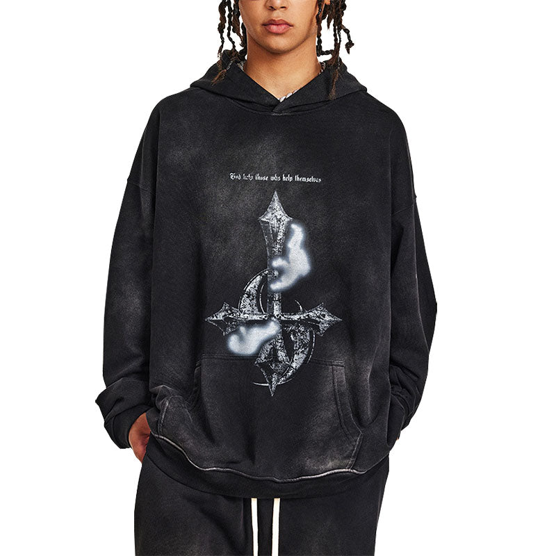 Men's Autumn Washed Heavy Metal Print Hooded Sweatshirt for Men