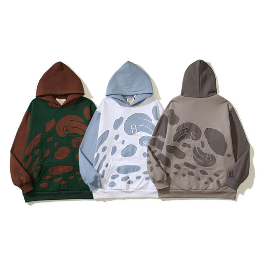 Wave double layer hollow patchwork patch plus velvet hooded sweatshirt for men and women