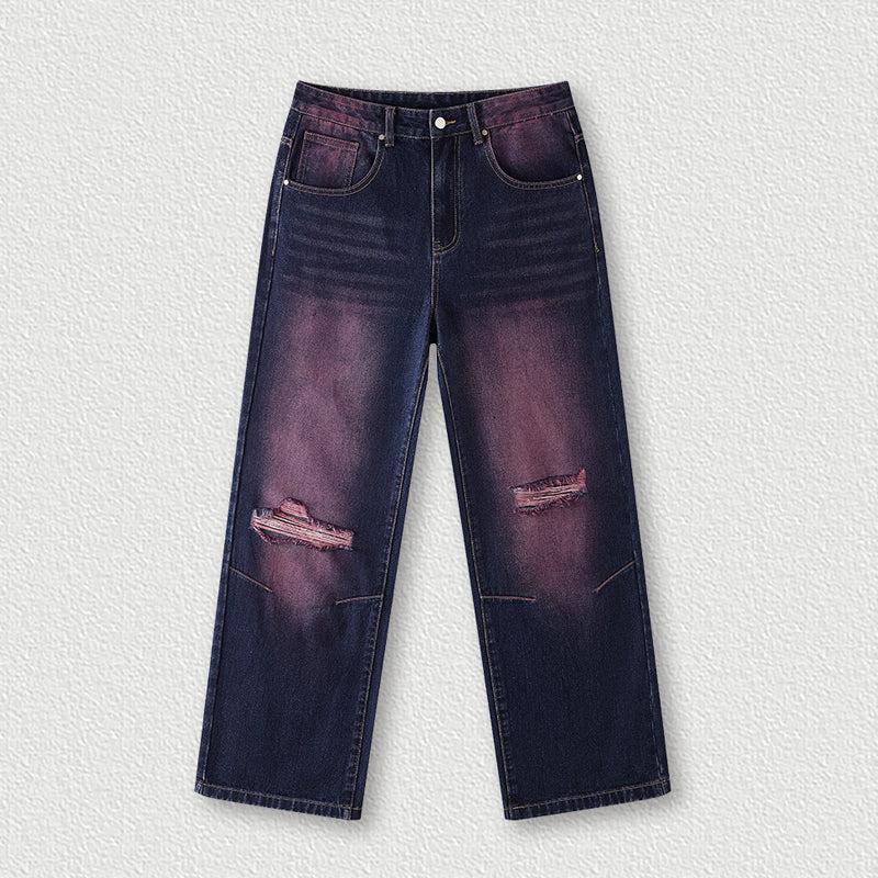 Washed vintage ripped straight-leg jeans