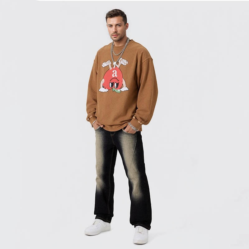 Men's Oversized Graphic Hip Hop Retro Washed Long Sleeve Round Neck Pullover T-Shirt