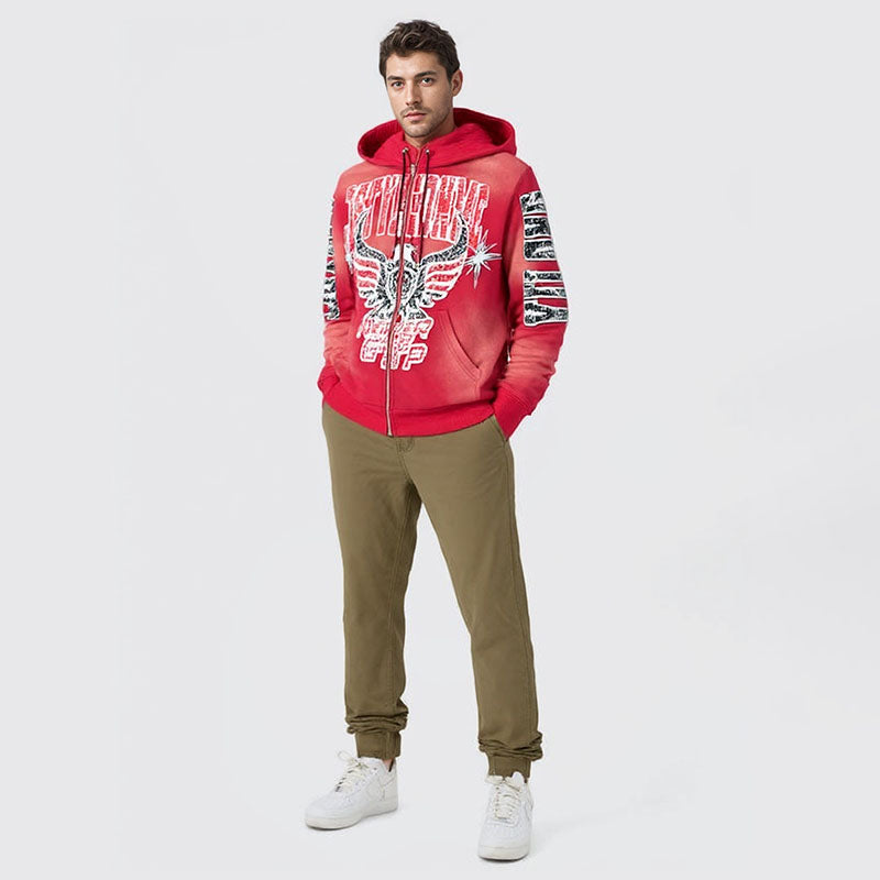Plush autumn and winter style cracked print acid-washed zipper hooded sweatshirt