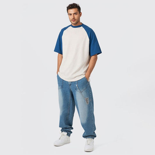 Pure cotton raglan short-sleeved T-shirt for men in summer with contrasting colors heavy cotton couple short-sleeved T-shirt top