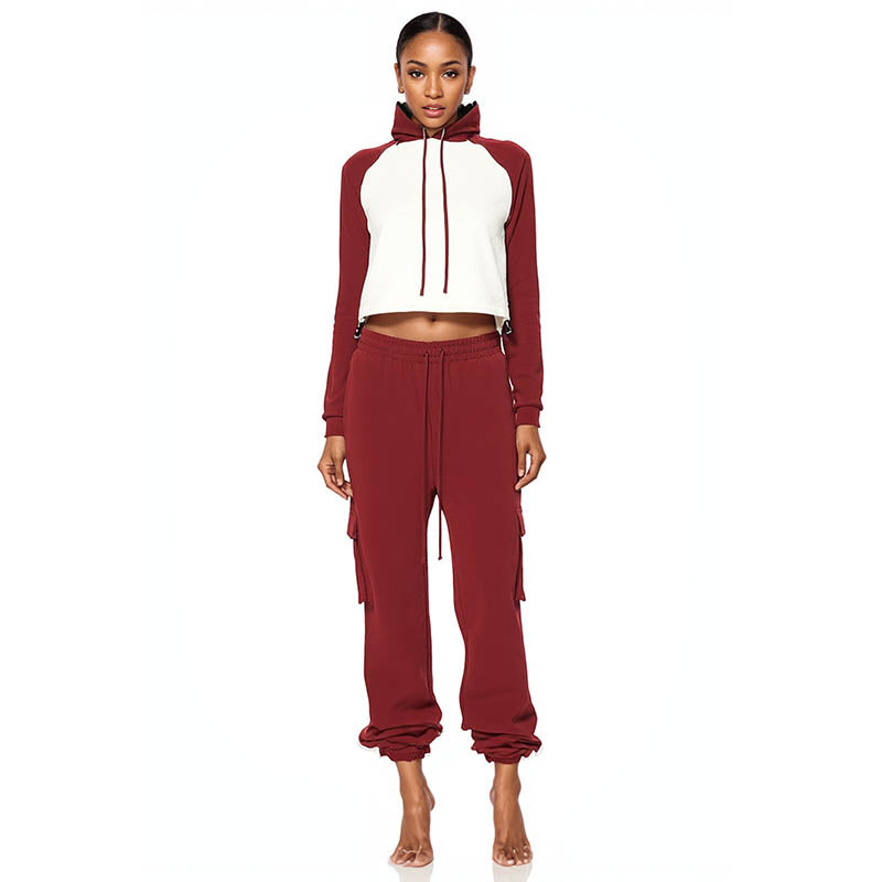 Women's Autumn and Winter Contrast Color Raglan Short Hot Girl Hooded Sweatshirt