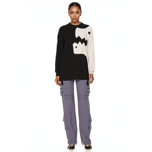 Dinosaur Embroidered Sweatshirt Oversized Cartoon Crew Neck Sweatshirt Pullover Streetwear
