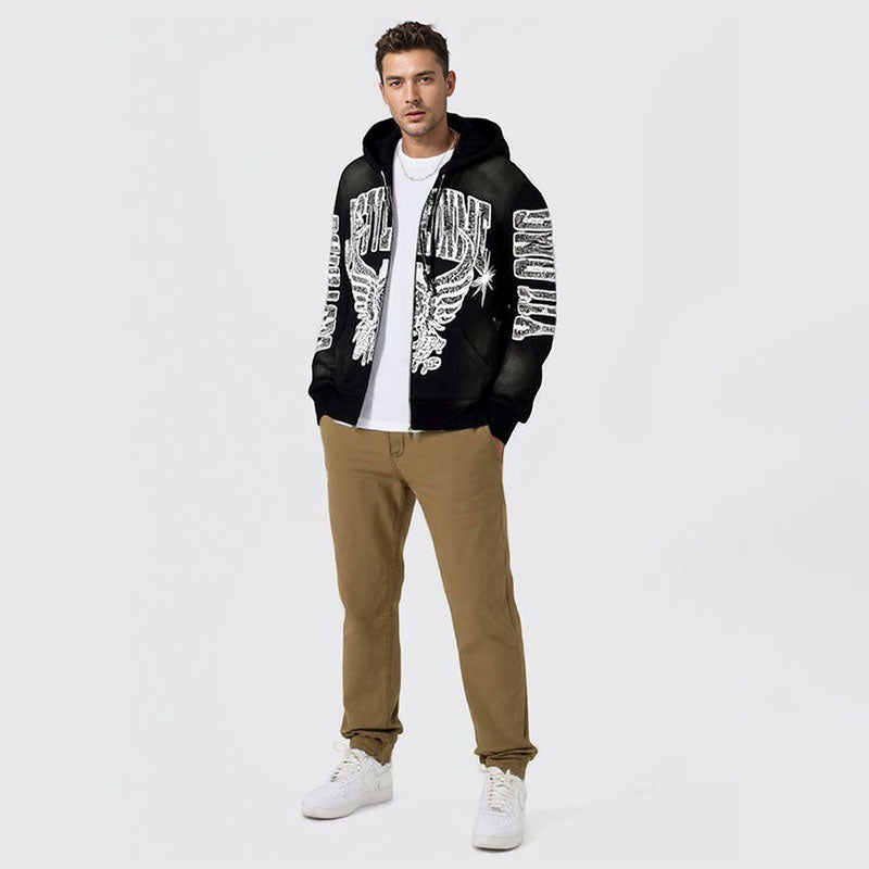 Plush autumn and winter style cracked print acid-washed zipper hooded sweatshirt