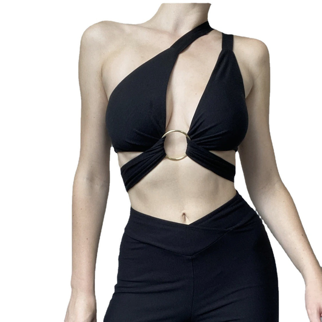 Halter Backless Camisole, Deep V Neck Solid Color Ring Front Sleeveless Crop Top Strap for Party