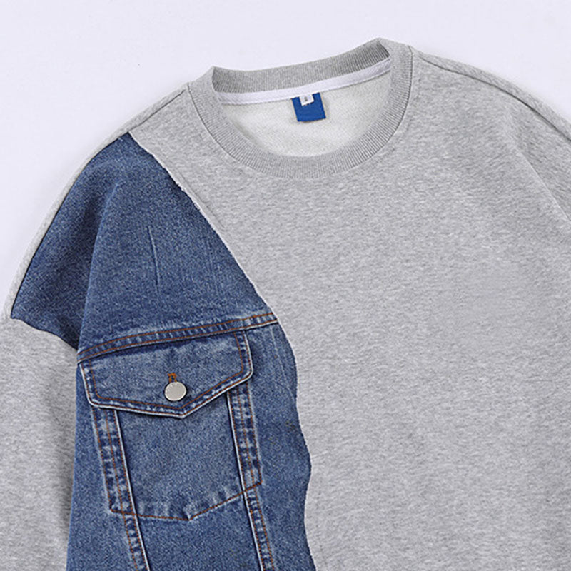 Fashion men's sweatshirt spring and autumn denim stitching loose men's and women's tops round neck long sleeves