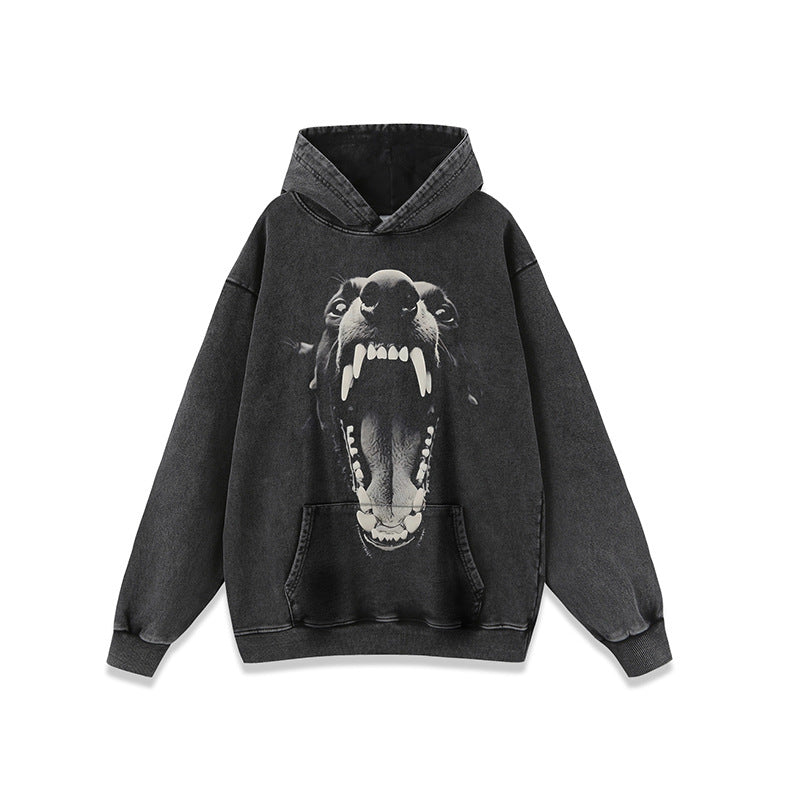 Doberman print heavyweight washed distressed hooded sweatshirt men's long-sleeved hoodie