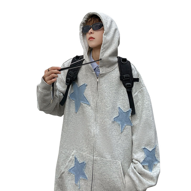 Men's cardigan sweatshirt with embroidered stars autumn and winter trend loose plus velvet thick hooded jacket