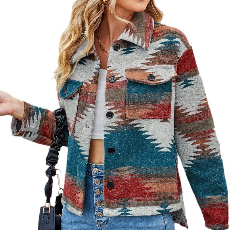 Women's Aztec Print Lapel Button Shirt Jacket Casual Geometric Collar Long Sleeve Tops Fall Trendy Clothes