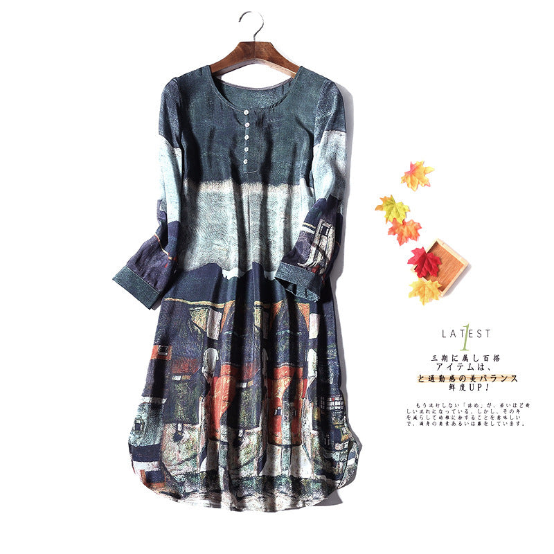 mulberry silk 100% Real Silk Dress Women Summer Vintage A-line Printing Loose Dresses Top Quality Short Sleeves