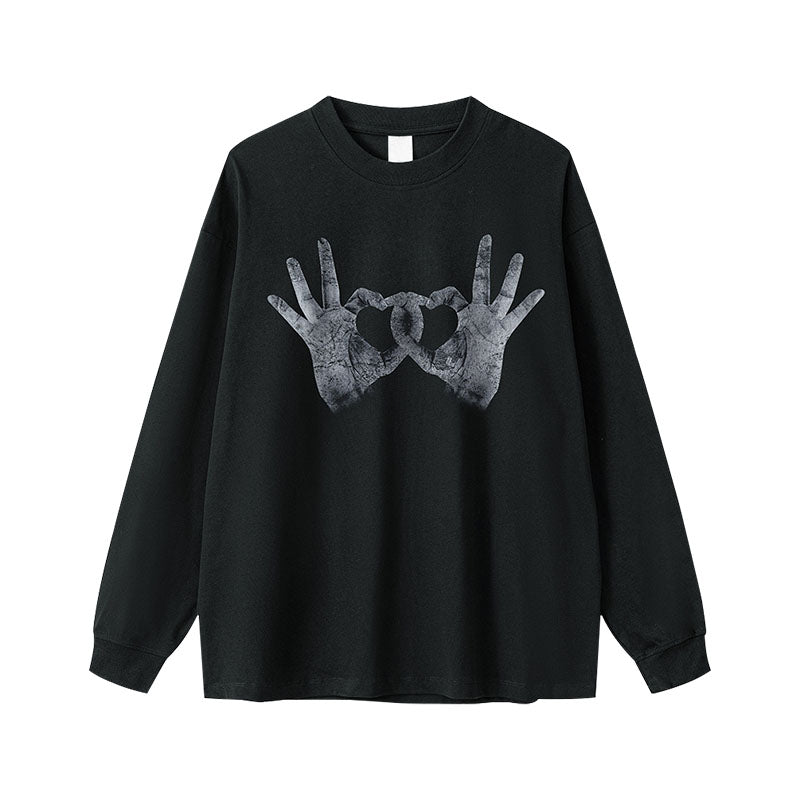 Men's Autumn Loose Campus Unisex Original Design Heart Gesture Print Long Sleeve T-Shirt for Men