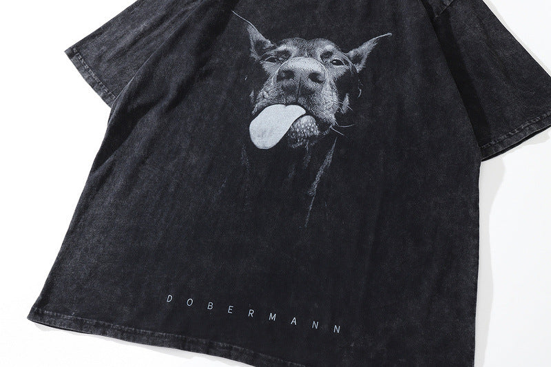 Doberman print washed retro high street popular round neck short-sleeved T-shirt for men and women street