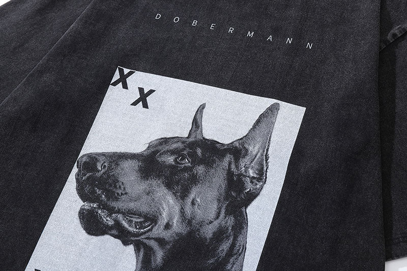 High Street Retro Doberman Direct Print Printed Washed Long Sleeve T-Shirt Men's Loose Top T-Shirt for Men