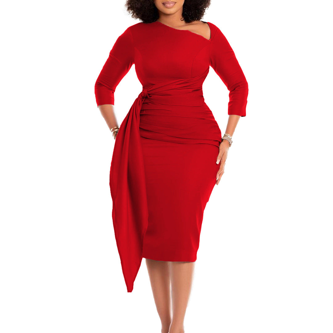 Women's Work Business Pencil Dress 3/4 Sleeves Slanted Collar Solid Color Cocktail Wedding Guest Office Midi Dresses